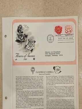 RARE COLLECTIBLE USPS 1ST DAY ISSUE COVER FLOWERS OF AMERICA CAMELLIA ROSE STAMP